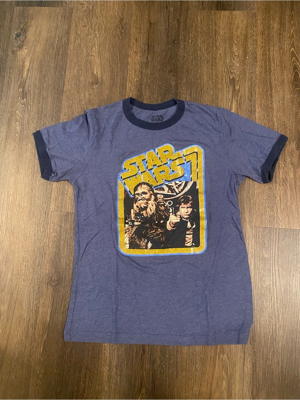 Star Wars Han and Chewie Premium Ringer Tee Blue With Gold Size Medium